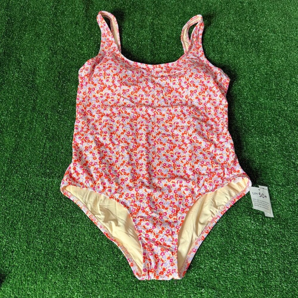 Amazon Essentials One-Piece Scoop Neck Swimsuit Peach Micro Floral Size M NWT